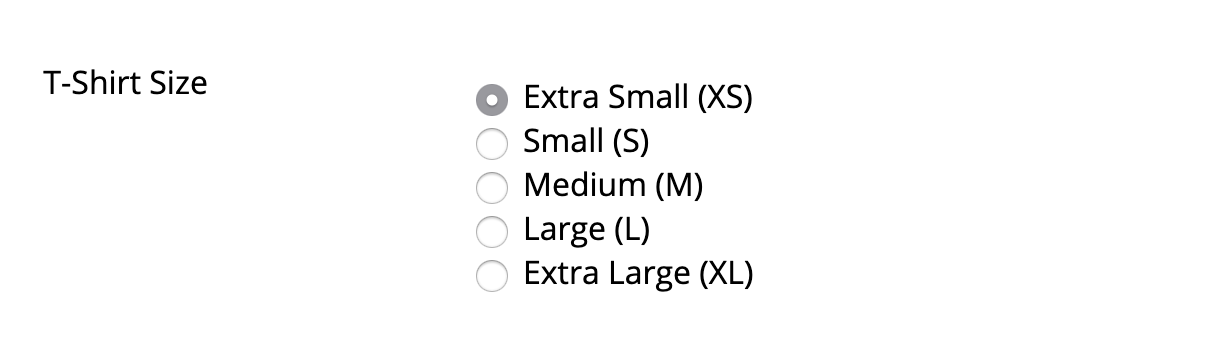 T-shirt size selection options showing "Extra Small (XS)" selected.