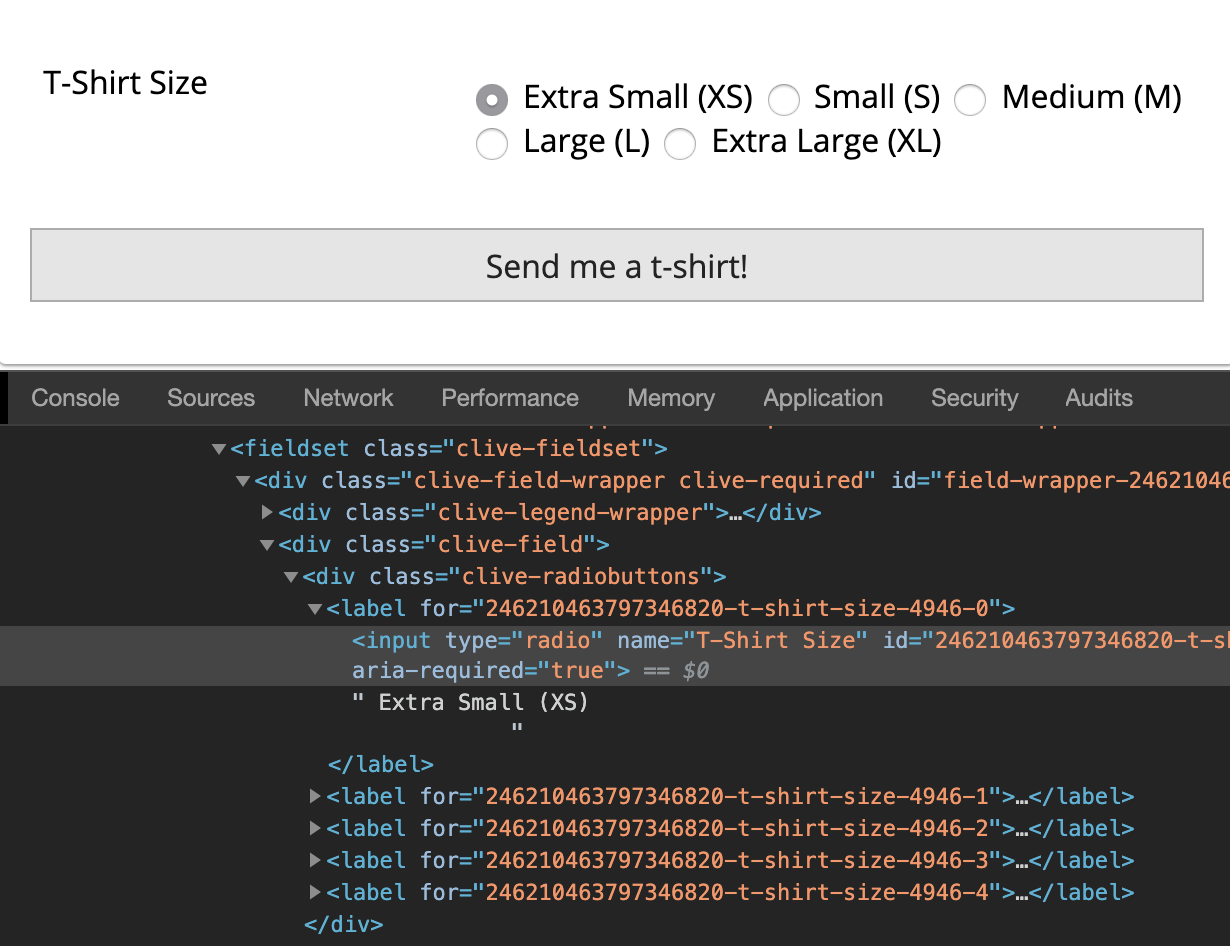 T-shirt size selection interface with radio buttons for different sizes: Extra Small (XS), Small (S), Medium (M), Large (L), and Extra Large (XL).