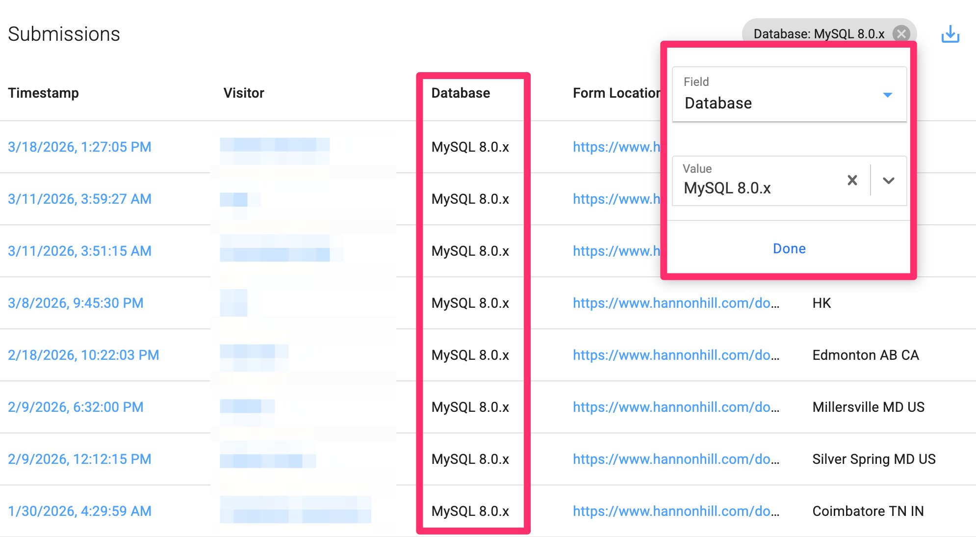 Submissions table with a highlighted “Database” column showing “MySQL 8.0.x” and an open filter dropdown set to MySQL 8.0.x.