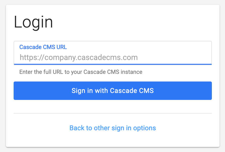 Login interface for Clive, featuring a URL input field and a blue "Sign in with Cascade CMS" button.