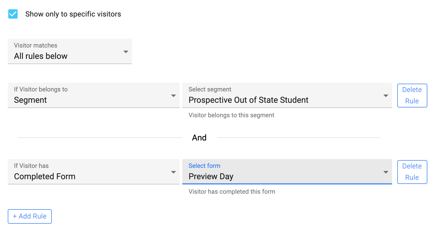 A user interface displaying rules for showing content to specific visitors based on segment and completed forms.