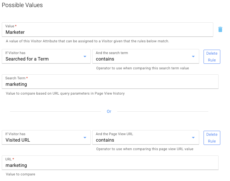 Screenshot of the settings interface for defining rules related to the "Marketer" visitor attribute, including options for search terms and URL visitation criteria.